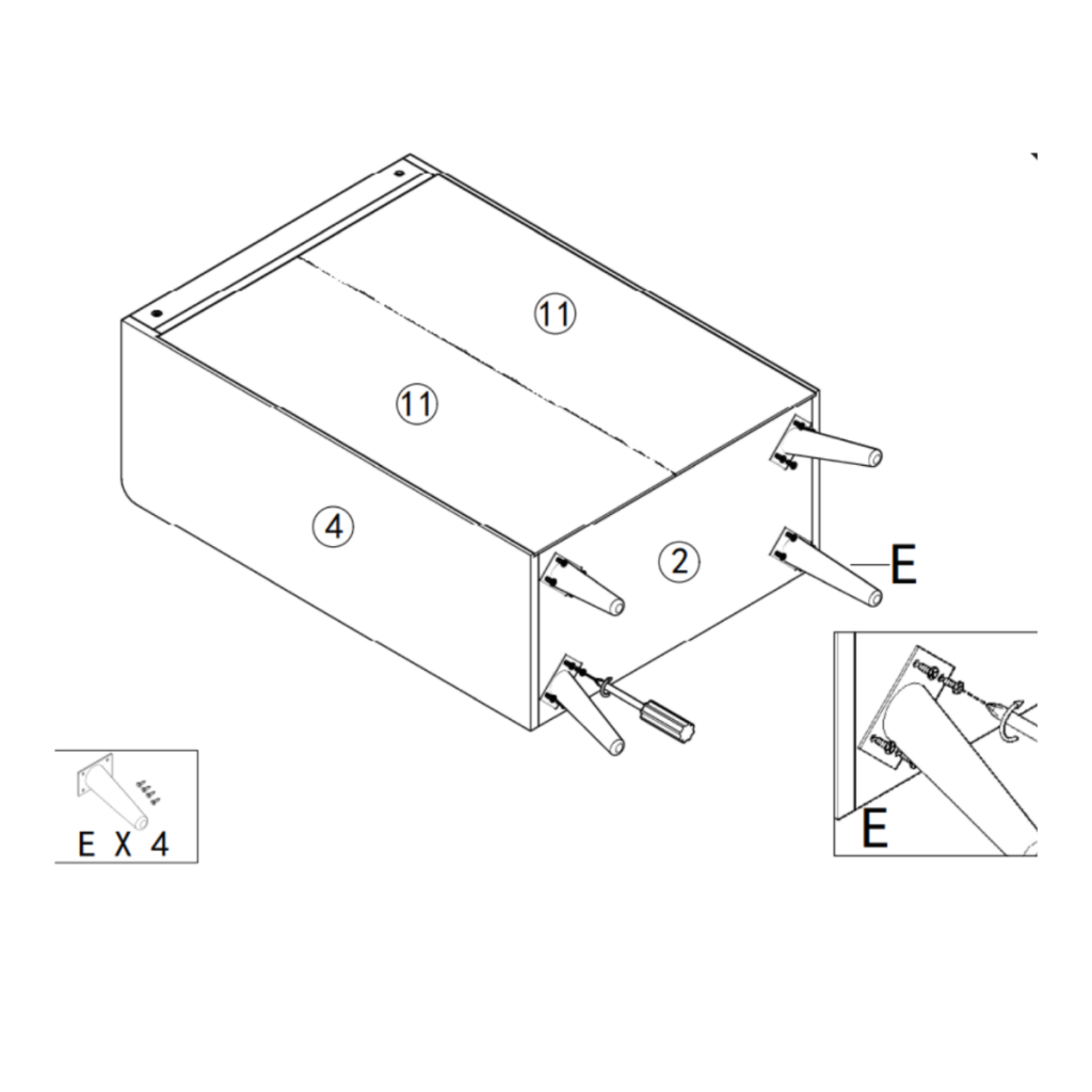 Cabinet placed upside down while legs are installed using brackets.