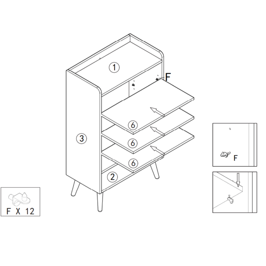 Cabinet frame with three adjustable shelves being slid into place