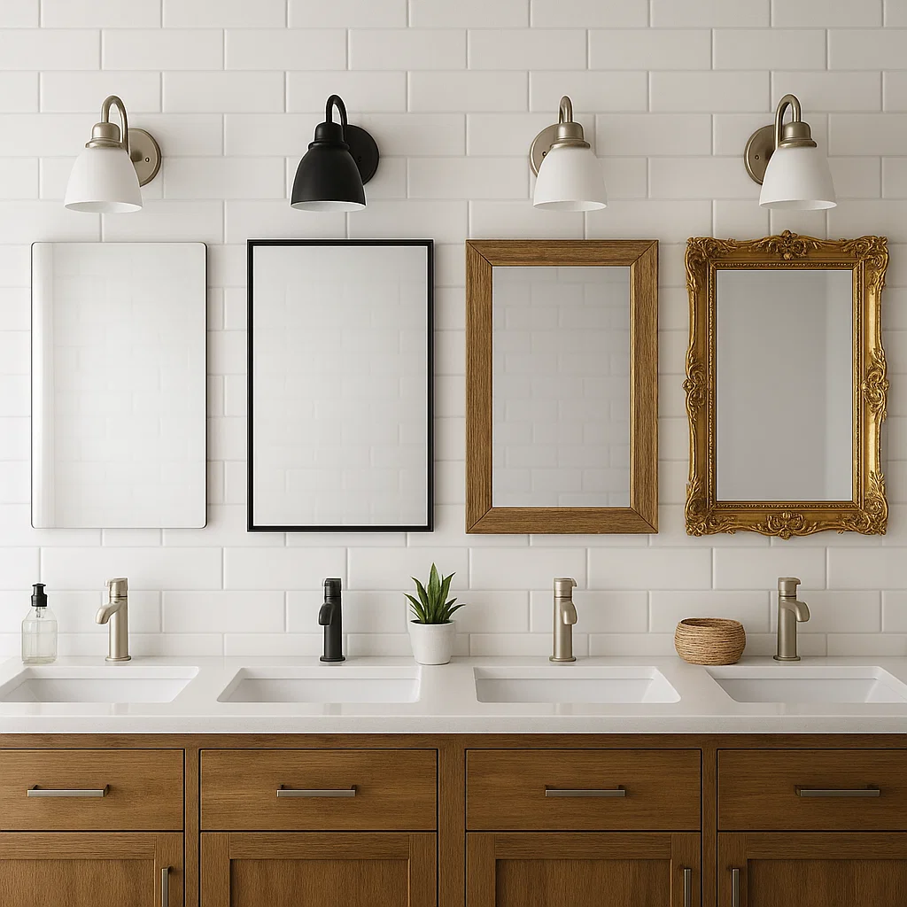 Four different framed bathroom mirrors displayed above double sink vanity.