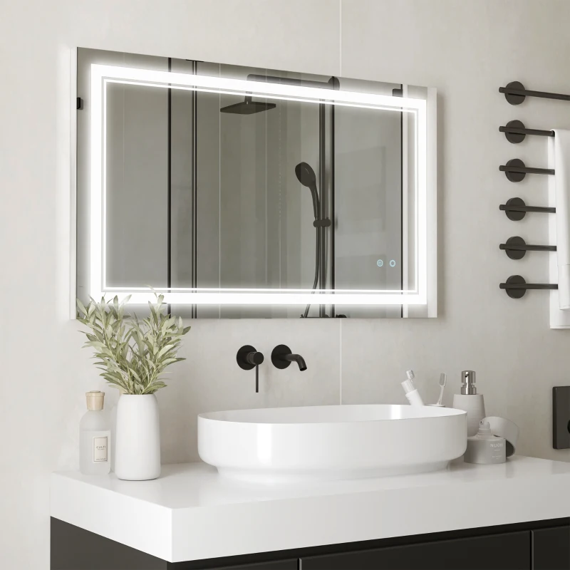 Modern LED bathroom mirror above sink and vanity.