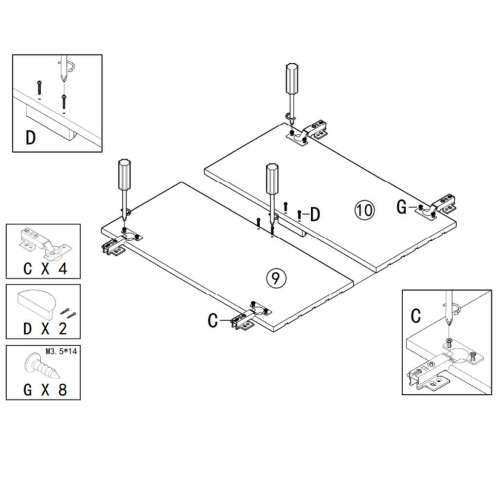 Diagram of cabinet doors with hinge installation using screws and brackets.