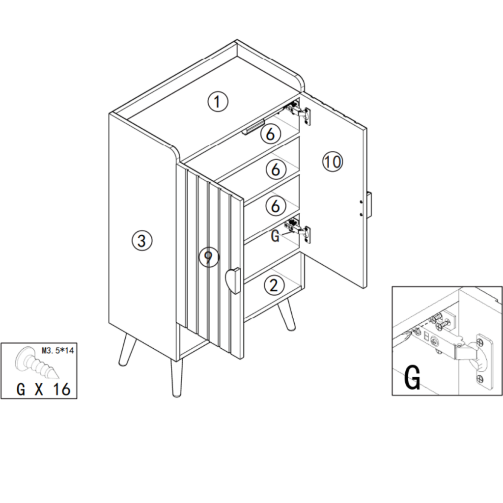Cabinet doors mounted to the frame with hinges for alignment.