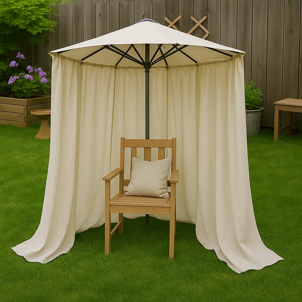 Wooden chair under umbrella with fabric privacy curtains.