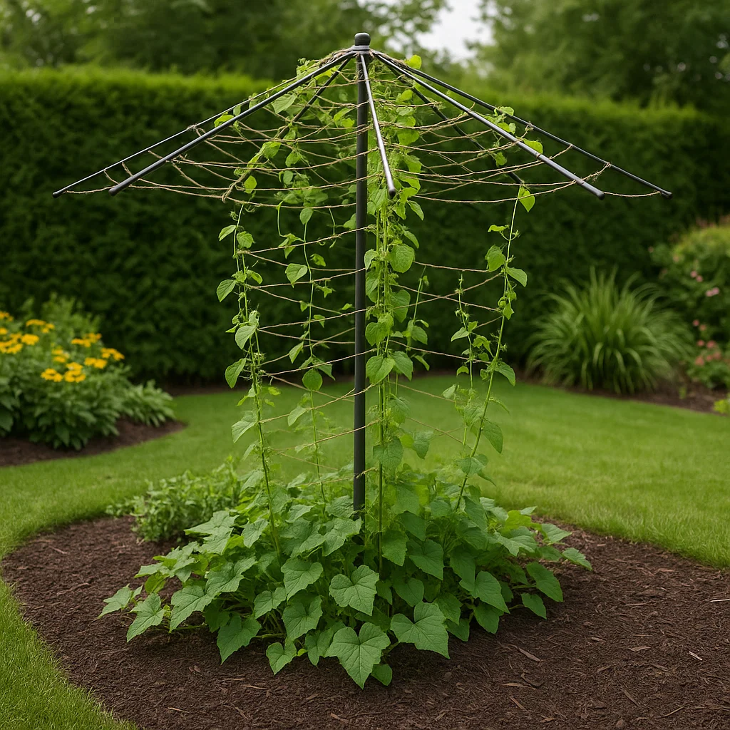 Umbrella frame reused as trellis with climbing plants.