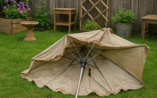 Worn and broken patio umbrella lying on green grass.