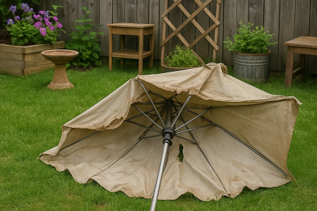 Worn and broken patio umbrella lying on green grass.