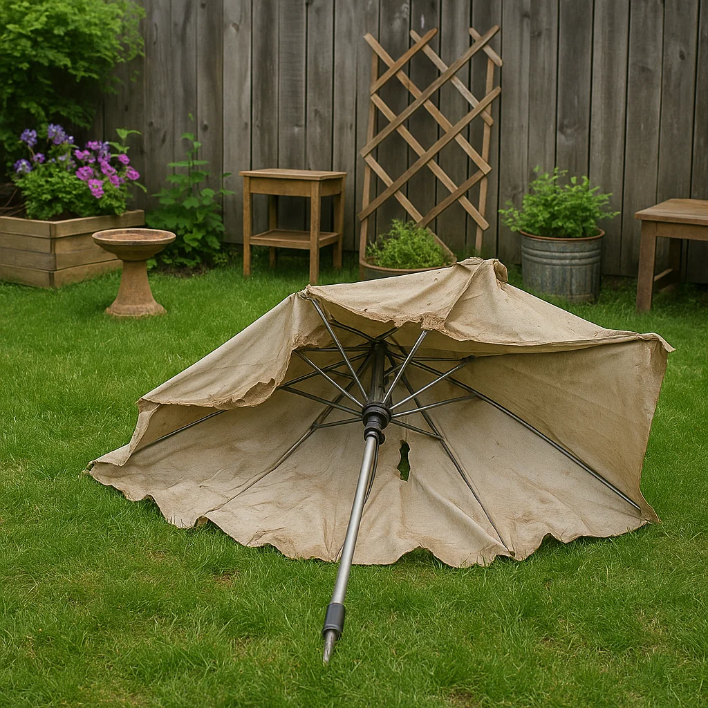 Worn and broken patio umbrella lying on green grass.