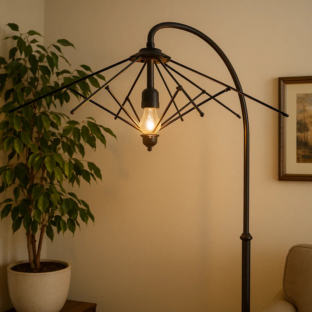 Indoor lamp made from repurposed umbrella frame with lightbulb.