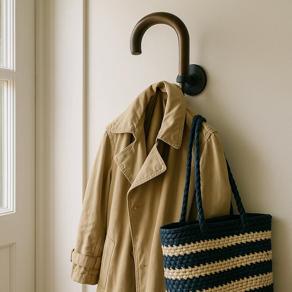 Coat and bag hanging on wall hook made from umbrella handle.