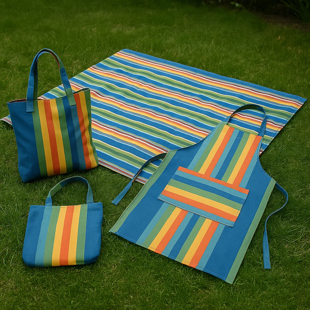 Tote bags, apron, and mat made from striped umbrella fabric.