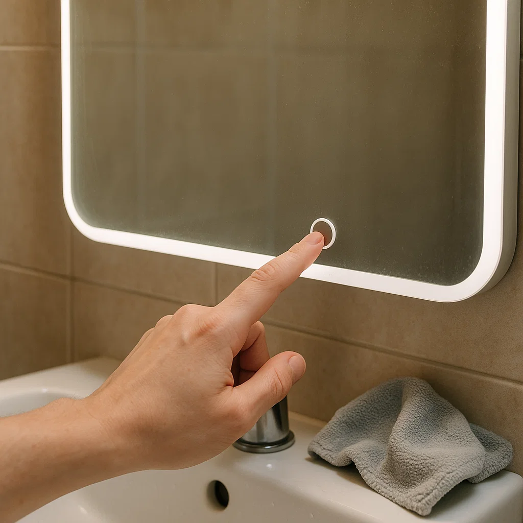 Hand touching circular sensor button on LED mirror.