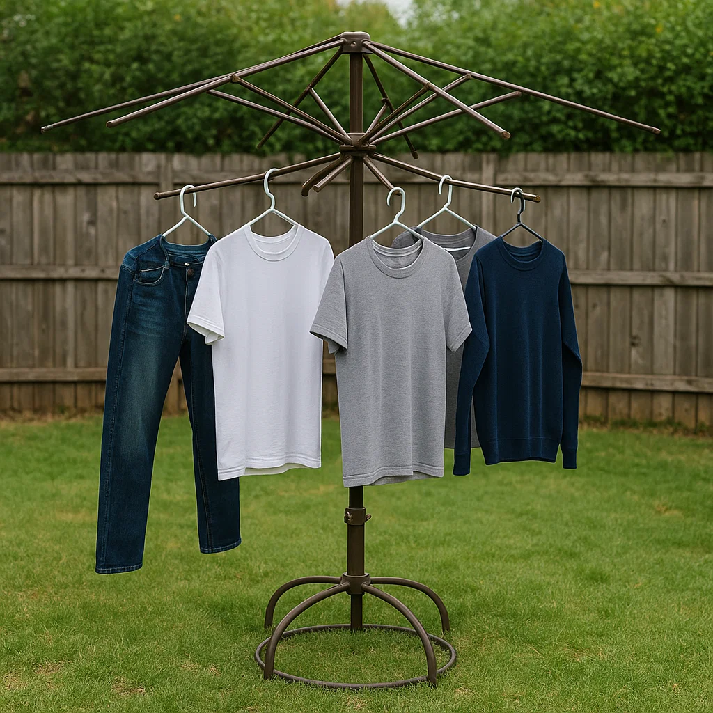 Clothes hanging on umbrella frame repurposed as outdoor drying rack.