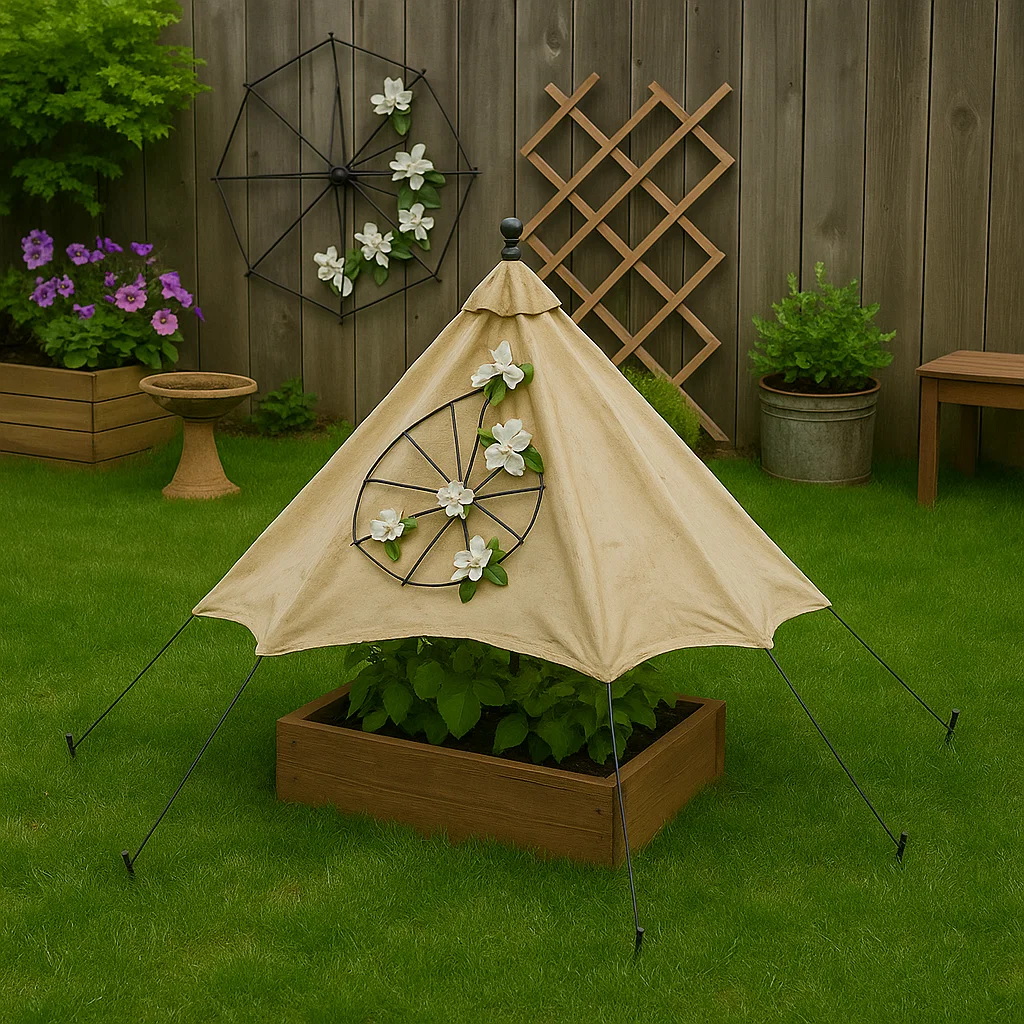 Old umbrella canopy repurposed into decorative garden cover.