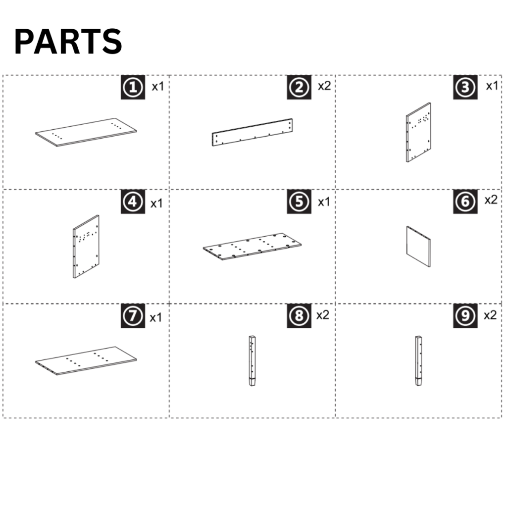 All labeled coffee table parts displayed for easy assembly reference.