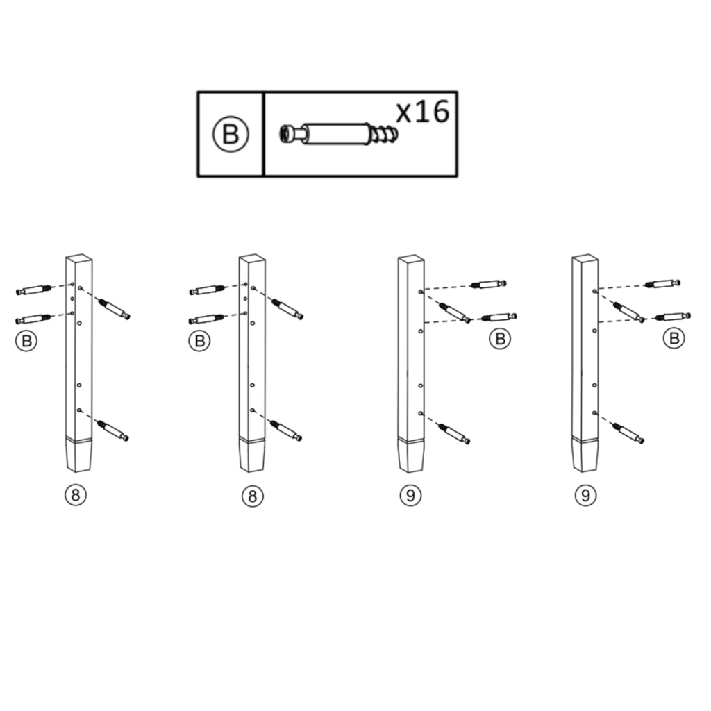 Wooden table legs prepared with screws inserted for assembly.