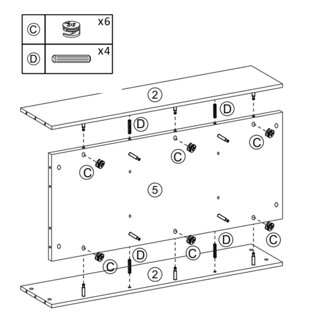 Wooden base panels connected with dowels and cam locks.