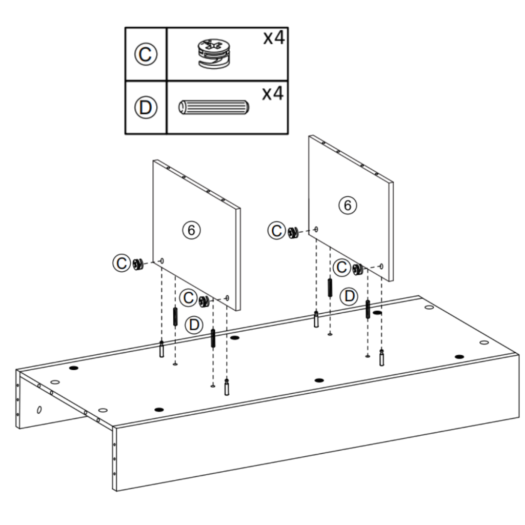 Inserting two divider panels into furniture base using connectors.