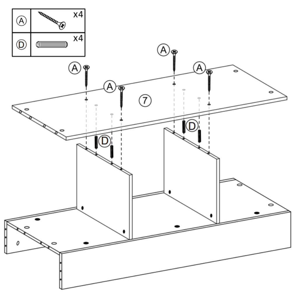 Fastening top divider panel with screws and dowels for support.