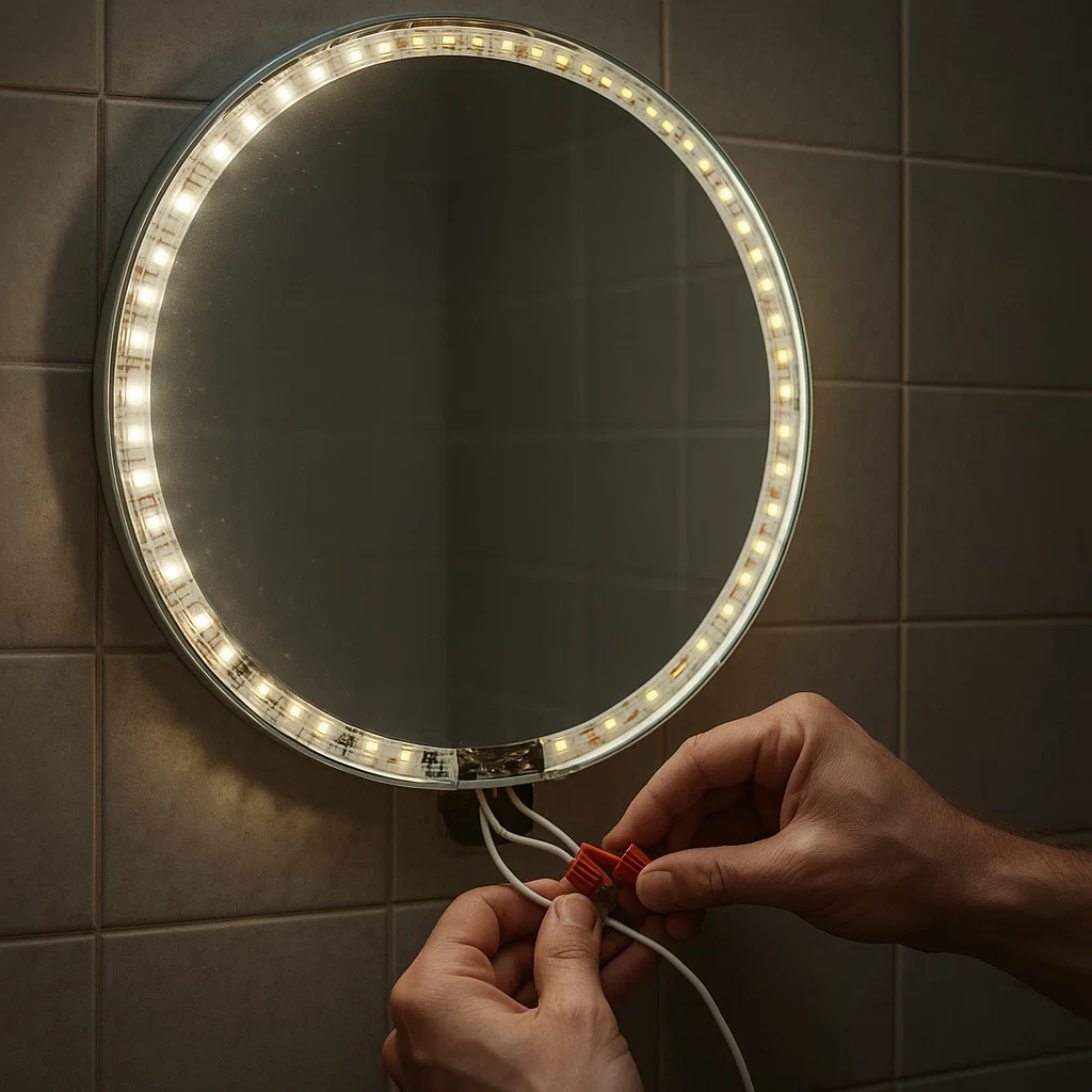 Hands fixing electrical wiring behind round LED mirror