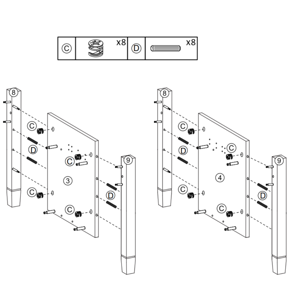 Attaching wooden legs to side panels with dowels and fasteners.