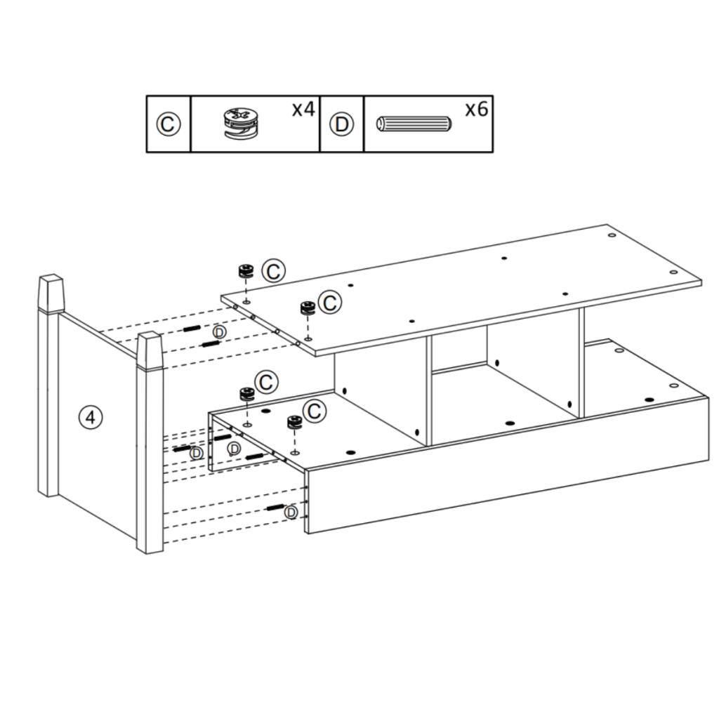 Fixing right side panel to base with dowels and cam locks.