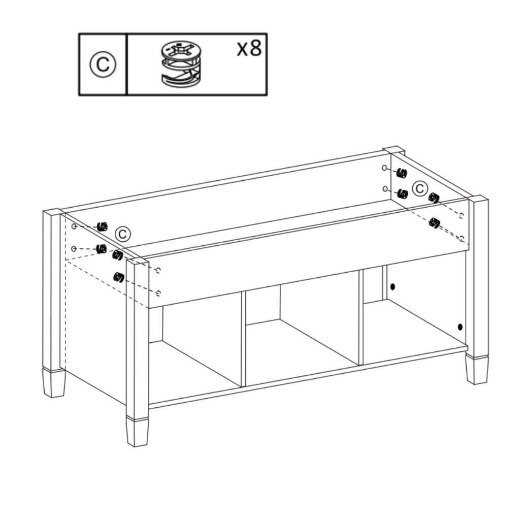 Support rails secured with cam locks on assembled coffee table.