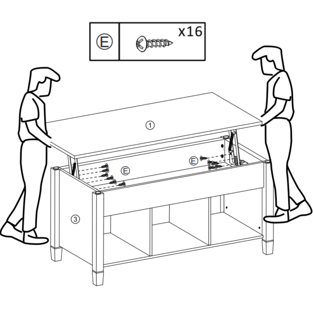 Two people securing top panel to furniture base with screws.