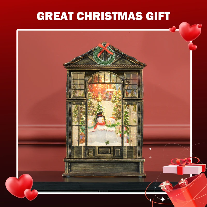 Christmas lantern snow globe with snowman and festive lights.