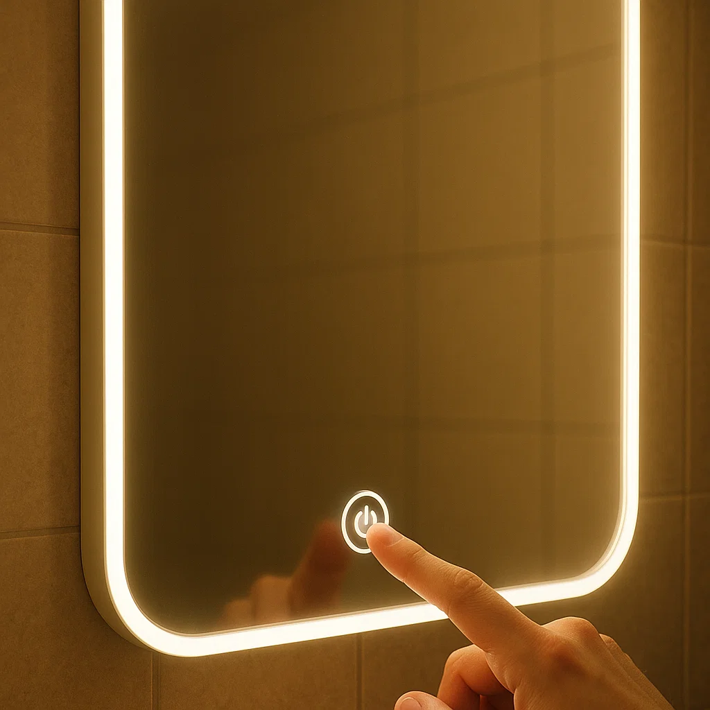 Hand pressing illuminated touch button on LED mirror.