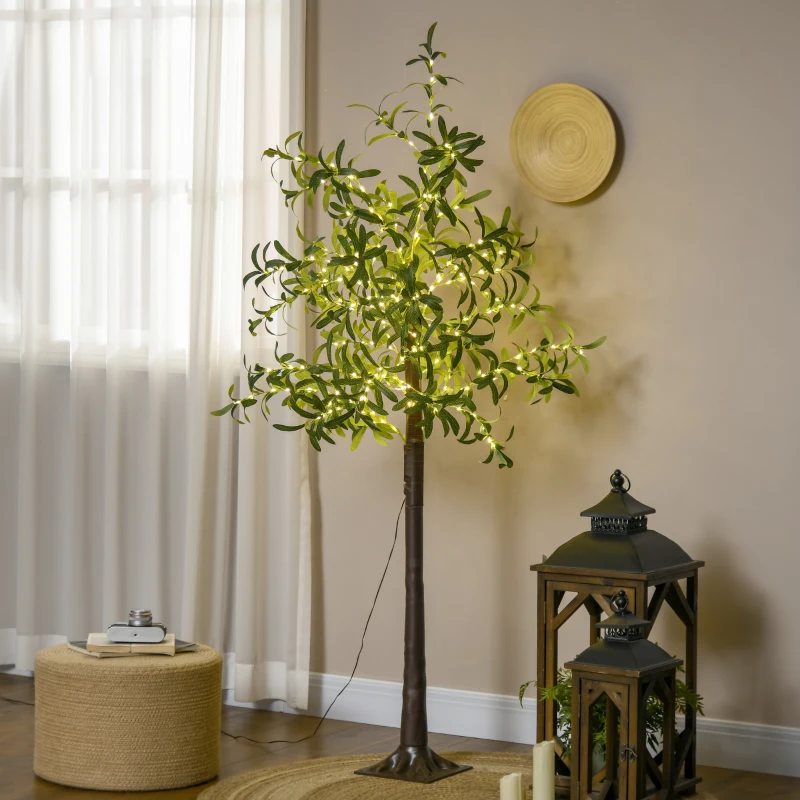 Indoor LED olive tree with glowing green leaves.