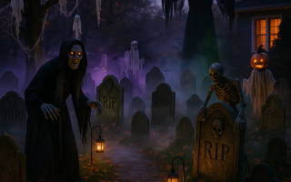 Spooky graveyard filled with glowing lanterns, skeletons, ghosts, and eerie fog.