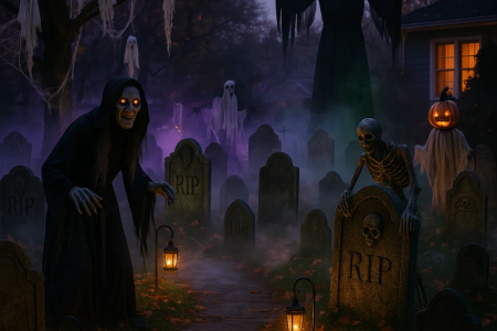 Spooky graveyard filled with glowing lanterns, skeletons, ghosts, and eerie fog.