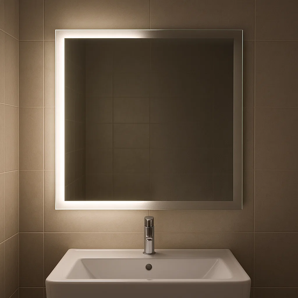 LED bathroom mirror with weak uneven lighting.