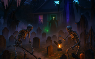 Halloween graveyard scene with skeletons, ghosts, pumpkins, and eerie glowing figures