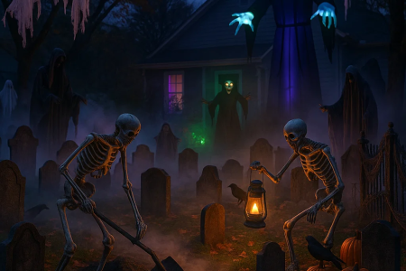 Halloween graveyard scene with skeletons, ghosts, pumpkins, and eerie glowing figures