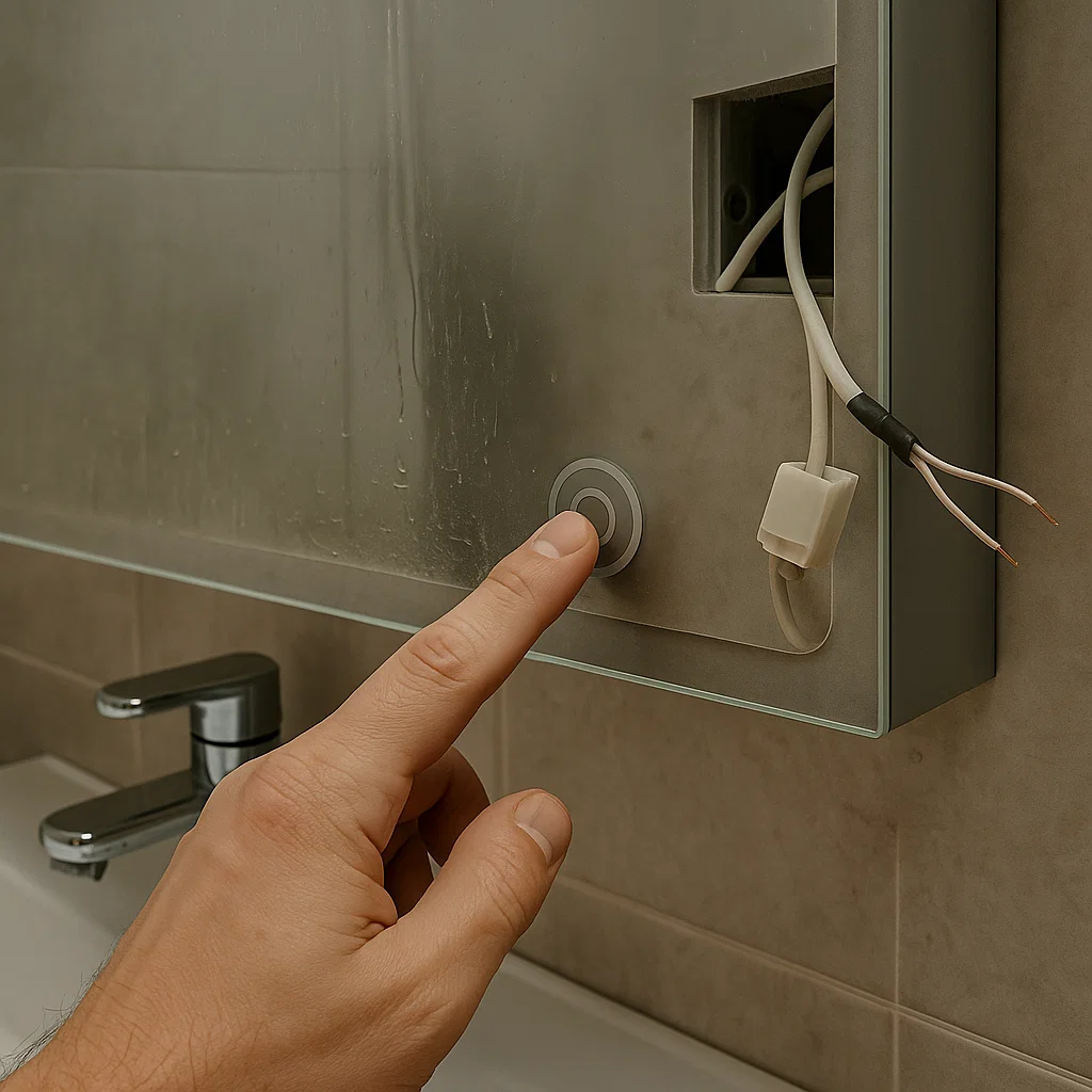 Finger pressing sensor button on misty LED mirror.