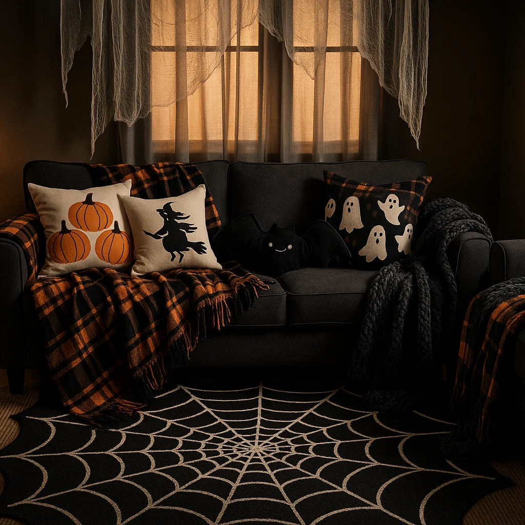 Cozy sofa with Halloween pillows, plaid throws, and spiderweb rug