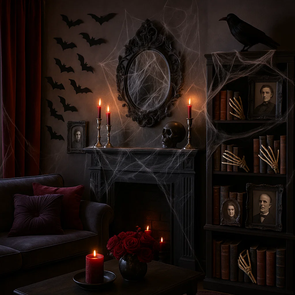 Gothic living room with cobwebs, bats, red candles, and skull décor