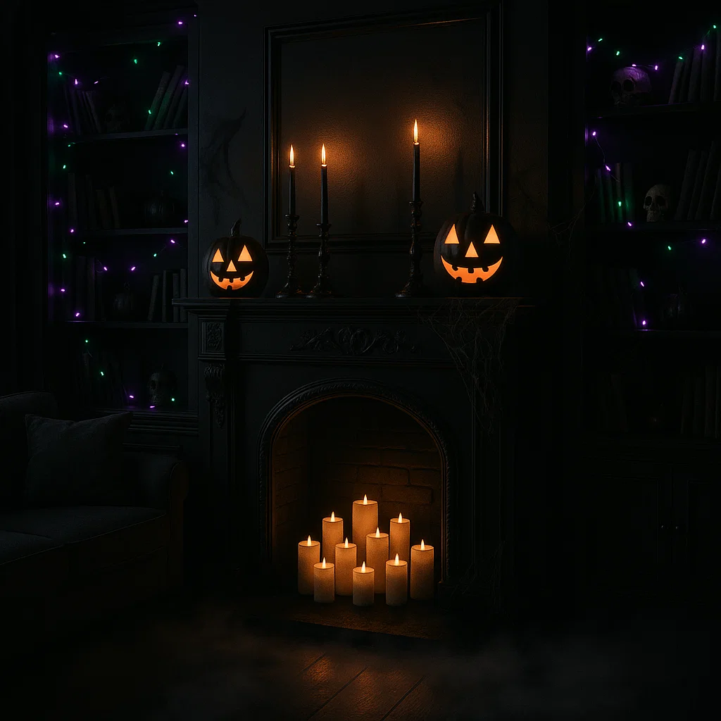 Fireplace with jack-o’-lanterns, candles, and glowing Halloween lights