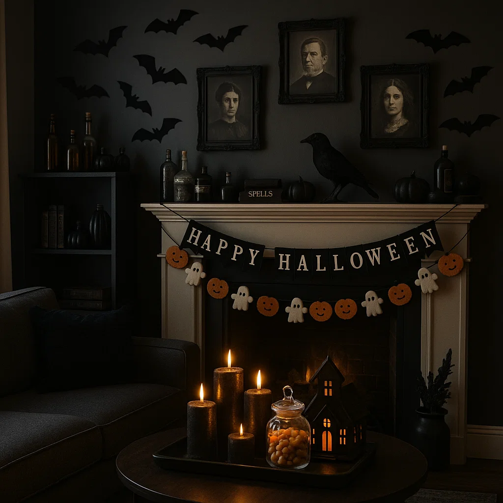 Halloween mantel with candles, black crow, and spooky portraits