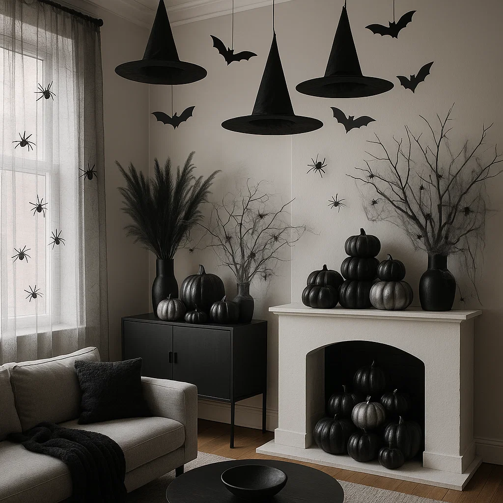 Black pumpkins, witch hats, and faux branches in Halloween living room