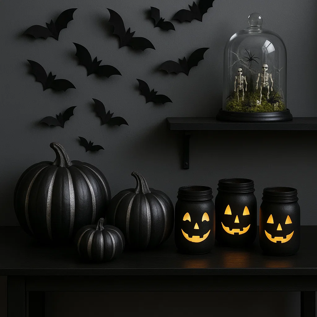 Black pumpkins, glowing jars, and skeleton terrarium Halloween setup