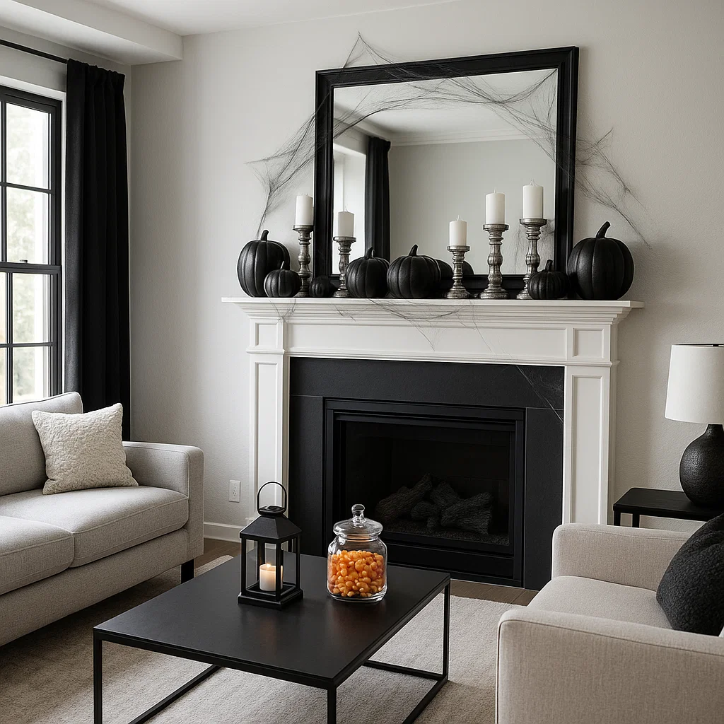 Modern living room with black pumpkins, candles, and subtle Halloween accents