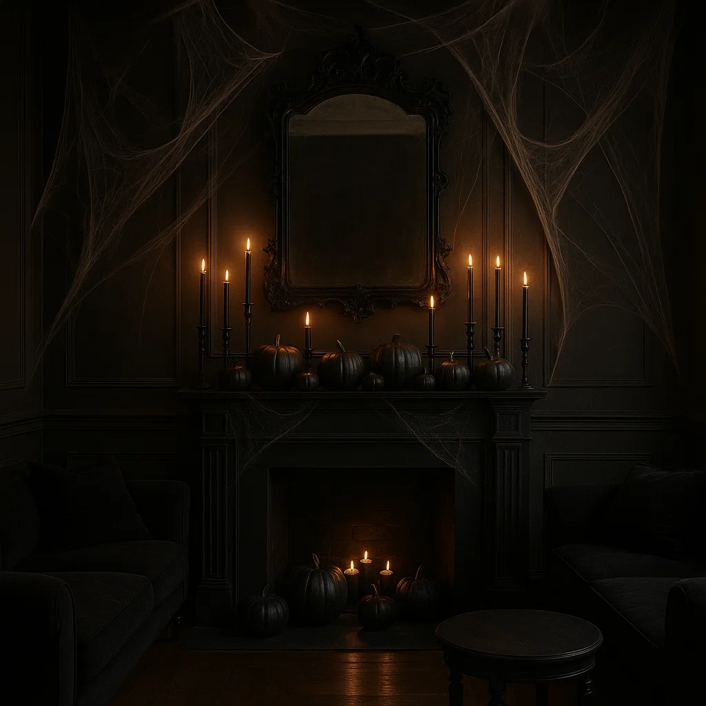 Dark gothic mantel with black pumpkins, candles, and cobweb decorations