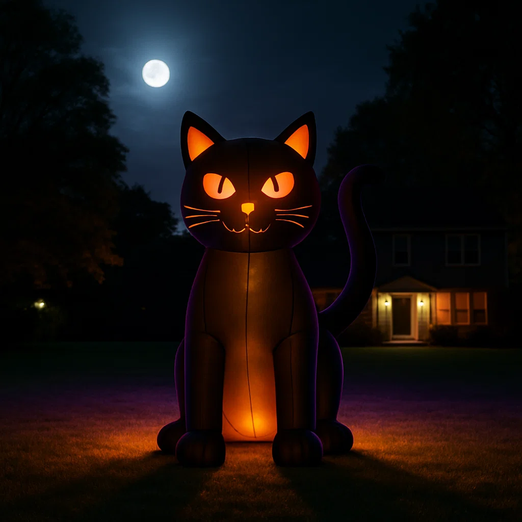 Black cat inflatable with glowing face under full moon.