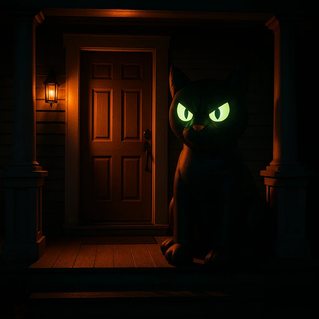 Black cat inflatable with glowing eyes decorates porch entryway.