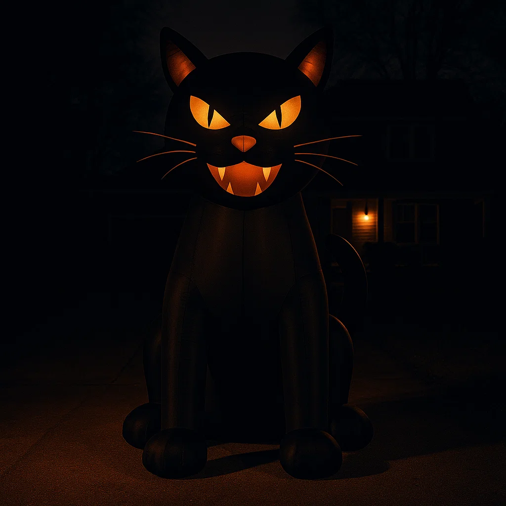 Giant black cat inflatable with glowing eyes in driveway at night.