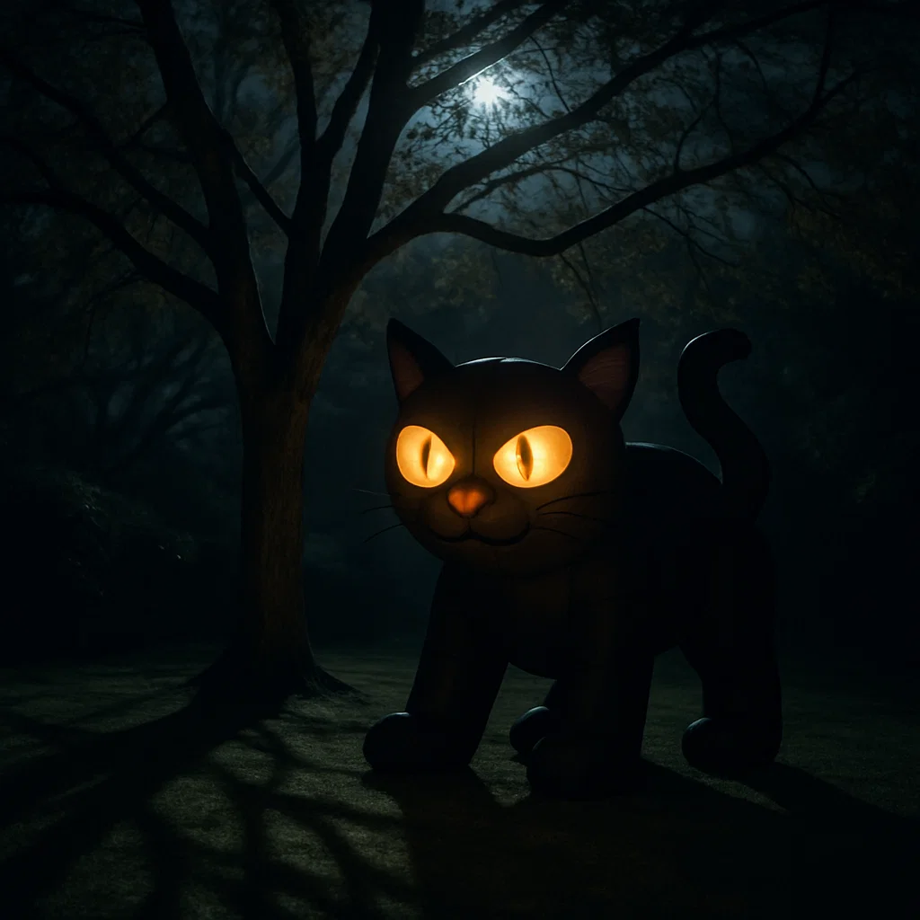 Black cat inflatable glowing under tree branches in moonlight.