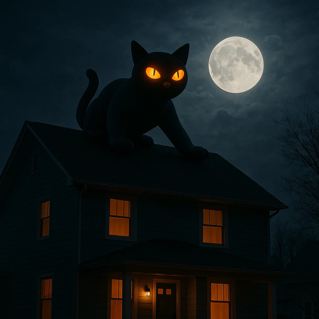 Giant glowing black cat inflatable sits on rooftop under moonlight.