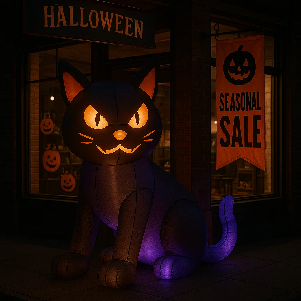Large glowing black cat inflatable outside store with Halloween sale sign.